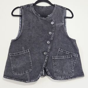 Y2K QM Women’s Black Denim Vest Button Front Pockets Asymmetrical Size S-M